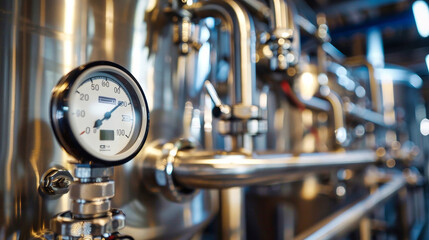 A temperature sensor is mounted on a stainless steel pipe in a busy industrial facility