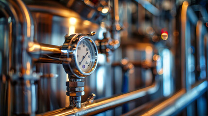 A close-up shot of a temperature sensor attached to a network of stainless steel pipes in a brewery. The gauge is in focus, showcasing the intricate details of its design