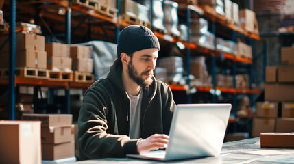 A warehouse worker, wearing a black beanie, focuses intently on his laptop while sitting in a bustling distribution center