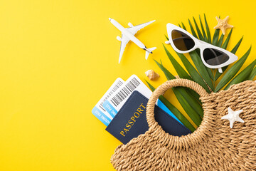 Top view of summer travel essentials including a passport, sunglasses, plane tickets, and a straw bag on a yellow background