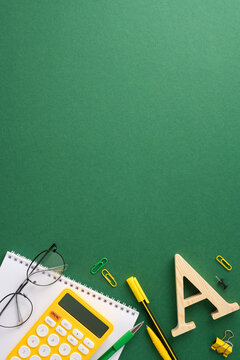 Vertical flat lay of school supplies including calculator, glasses, notebooks, pens, and paper clips on a green background