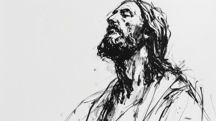 Jesus Christ. Digital illustration in black and white. Sketch style.