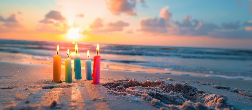 Colorful Candles on a Beach Celebrating a Birthday