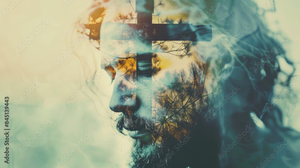 Poster double exposure of jesus christ and the cross on sky background. digital artwork.