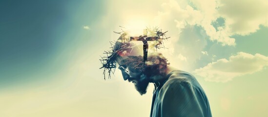 Double exposure of Jesus Christ and the cross on sky background. Digital artwork.