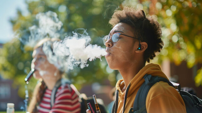 Young college students vaping on campus