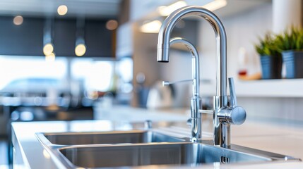 A close-up high-angle shot of a modern kitchen sink with a sleek chrome faucet. The sink is clean and spacious with minimalist cabinetry in the background