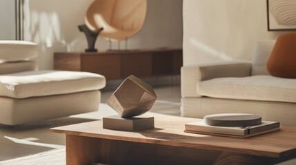 A high-angle view of a minimalist living room showcasing a geometric sculpture on a coffee table, with a modern sofa and ottoman in the background