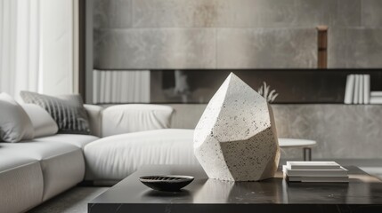 A minimalist living room with a white sectional sofa and a geometric concrete sculpture on a low coffee table