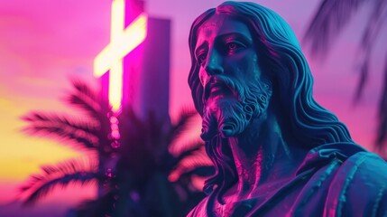 Jesus Christ. Statue of Jesus, glowing cross in the background during sunset. 