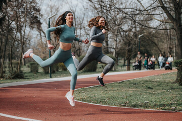 Dynamic shot of young female athletes running on a track in a park, embodying fitness and energy.