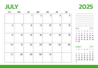 July 2025 Calendar. Week start on Sunday. Desk calendar 2025 design, simple and clean design, Wall calendar for print, digital calendar, Corporate design planner template vector.
