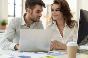 Obraz premium Stylish female managers and young men sit at desks in the office, working together on laptops and using paper documents. Happy business teams meet around computer screens to discuss project plans.