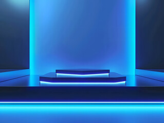 Beautiful modern futuristic podium with neon blue lighting