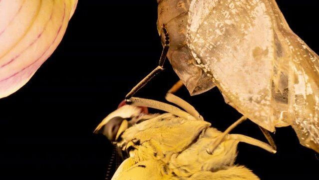 Prepona butterfly birth on black background, time lapse, concepts Metamorphosis and transformation, Life cycle and rebirth, science and education, importance of conservation of biodiversity and