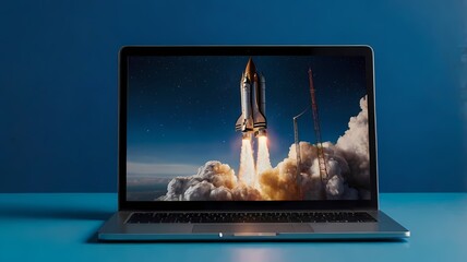 Shuttle spaceship launch in laptop