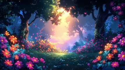 A vibrant, animated forest with a pathway through it, surrounded by trees and flowers.