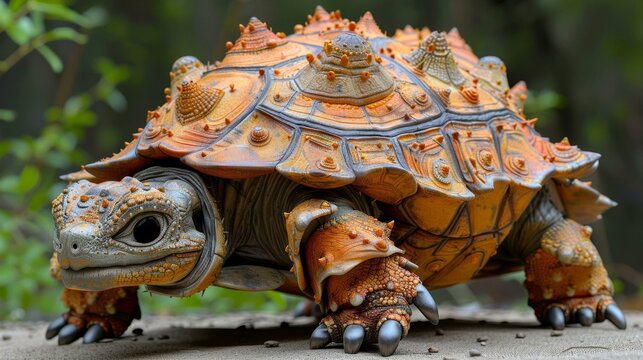 A large, colorful turtle with spikes on its back is walking on a dirt road. The turtle is brown and orange with a unique pattern on its shell.