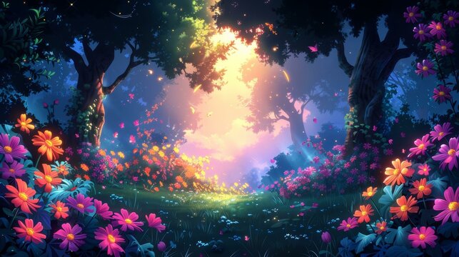 A vibrant, animated forest with a pathway through it, surrounded by trees and flowers.
