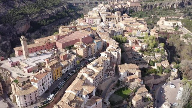 Picturesque aerial view of old Spanish town of Cuenca called city of hanging houses