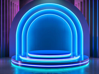 Fototapeta premium Beautiful modern futuristic podium with neon blue lighting