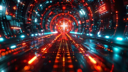 A tunnel with red and blue lights and a bright star in the center.