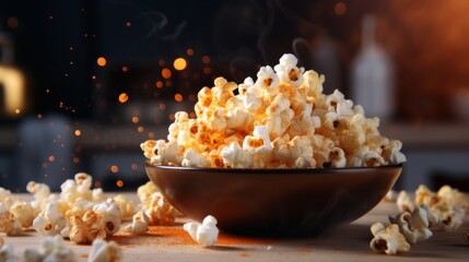 Close-up of golden corn kernels popping in the process of making fresh, delicious popcorn snack