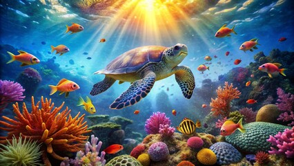 Naklejka premium sea ​​turtle underwater view has a Beautiful colorful coral 