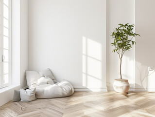 Meditation space in a room with serene vibes, minimal furniture and copyspace. Home interiors composition.