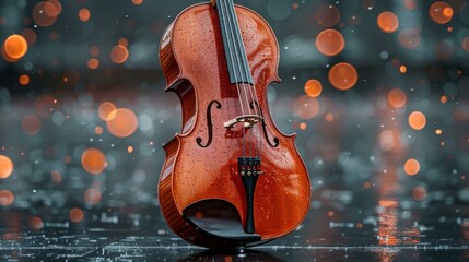 A violin is displayed in front of a black background with orange lights in the background. The violin is in focus and the orange lights create a visually appealing contrast.