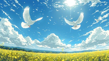 Three white birds flying over a field of yellow flowers on a sunny day.