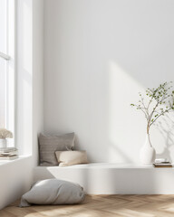 Meditation space in a room with serene vibes, minimal furniture and copyspace. Home interiors composition.