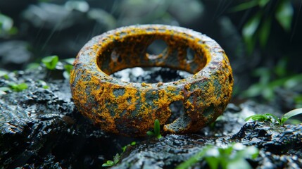 A rusty ring sits on a rock in a forest. The ring is covered in rust and has a yellowish tint. It appears to be old and worn.