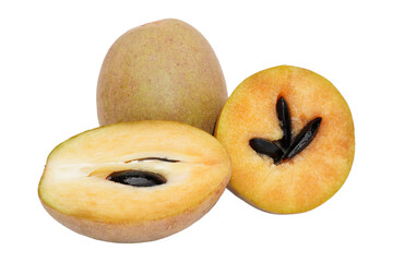a sapodilla cut into half and a whole one isolated transparent