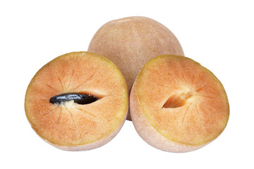 a sapodilla cut into half and a whole one isolated transparent
