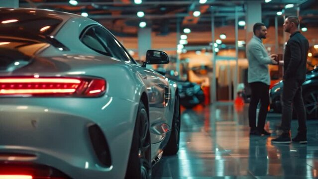 A sales man car representative explains the features and qualities and to customers in car showroom