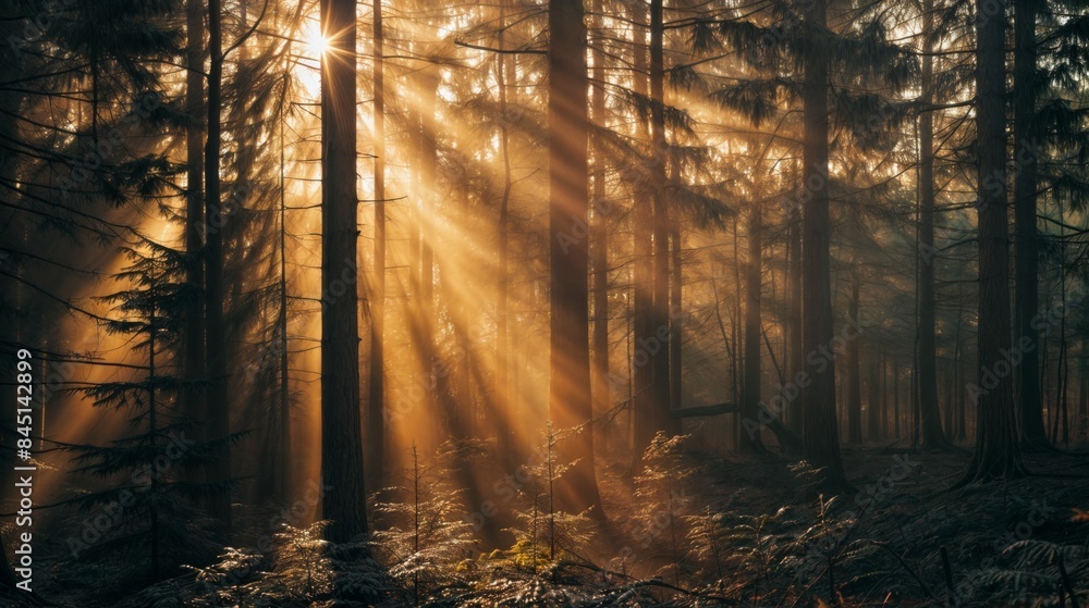 Poster sunlight filtering through forest trees