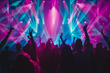Silhouettes of people dancing at a concert with colorful stage lights. Energetic and vibrant atmosphere in a lively music event.