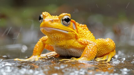 A close up of a yellow frog with black eyes sitting on a wet surface.