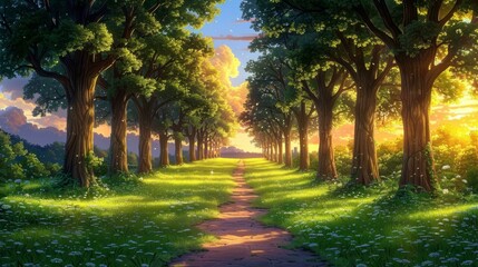 Obraz premium A path in the woods lined with trees and a sunset in the background.