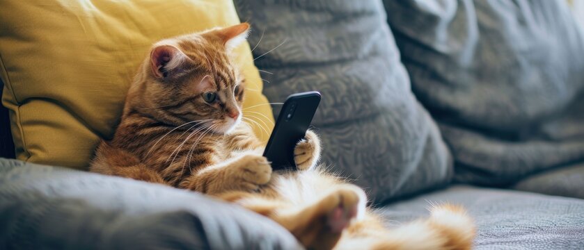 Funny cat playing with a smartphone while sitting on a sofa, capturing a modern and amusing scene