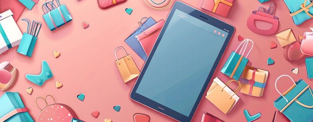Vector design of an online store interface on a tablet, surrounded by shopping icons, with ample copy space