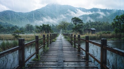 Wooden bridge over lake with mountains in background during rain