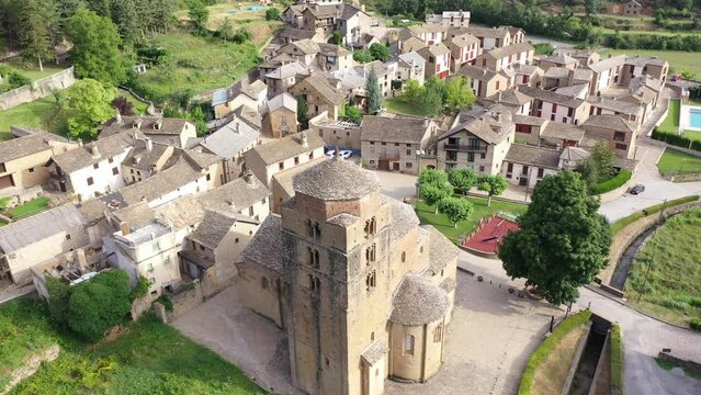  Aerial view of Santa Maria Church, Santa Cruz de la Seros, Huesca province, Aragon, Spain.