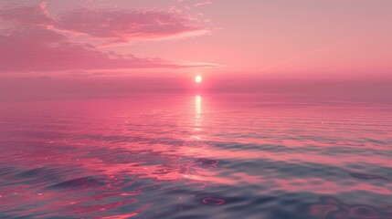 A beautiful pink sunset over a calm ocean with a reflection of the sun on the water. The sky is filled with pink clouds and the sun is setting in the distance.