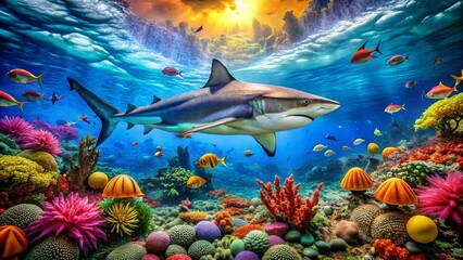 underwater view has a Beautiful colorful coral and shark