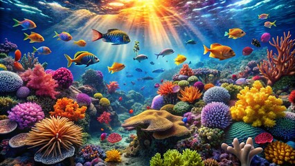 underwater view has a Beautiful colorful coral 