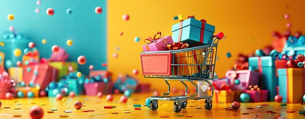 Fototapeta premium Cheerful background with a shopping cart and colorful gift boxes, leaving plenty of room for promotional text