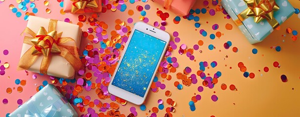 Bright background with a smartphone showing a shopping app, surrounded by gift boxes and confetti, with space for text