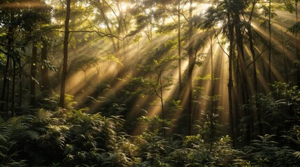 Sun rays through forest trees